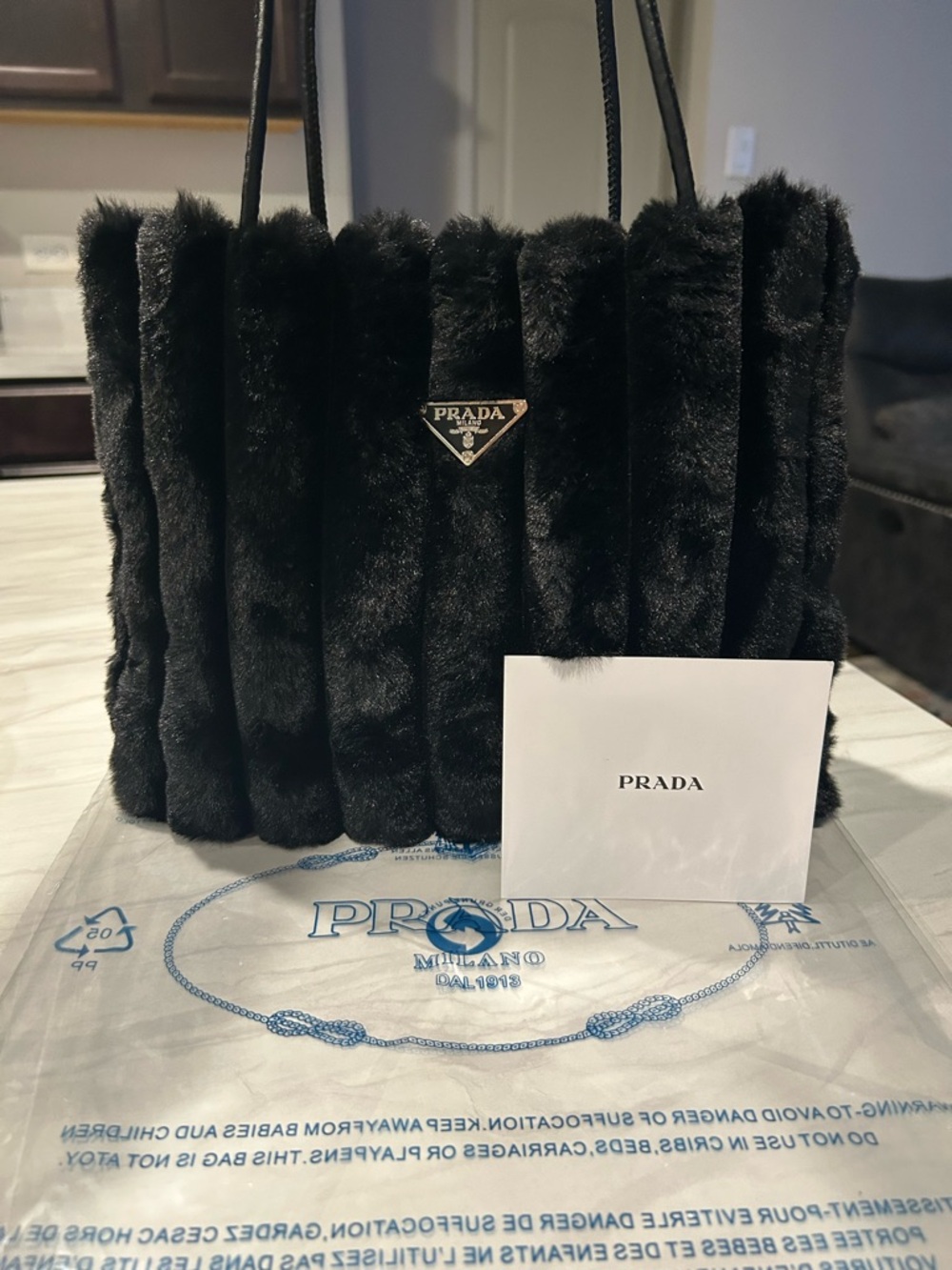 Prada VIP GWP Black Faux Fur Vertical-Rib Tote with Logo Plaque